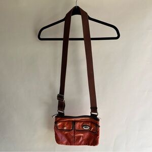 Fossil Key Per Crossbody Bag Purse Orange Dark Brown Coated Canvas EUC